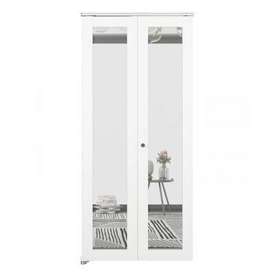 36 po X 80 po Porte pliante en verre à noyau solide en miroir blanc avec trousse de quincaillerie et poignée de porte
