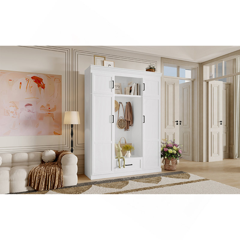 Arbre d'entrée 85,2 po avec banc et 3 crochets, armoire de rangement moderne avec 4 portes, 1 tiroir et tablettes réglables pour le couloir, le vestibule et le salon