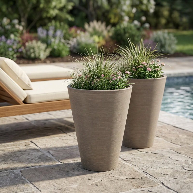 Bayley 13" Round Tapered Planter, Set of 2, Taupe