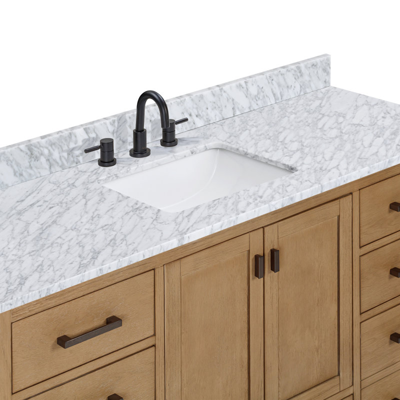 Meuble-lavabo simple 60 po avec plateau Souther, Marbre blanc de Carrare, Chêne brossé, Noir
