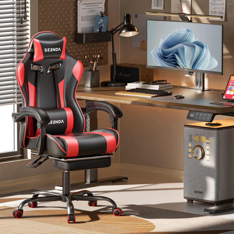 High-Back Massage Adjustable Reclining Ergonomic Faux Leather Swiveling PC & Racing Game Chair with Footrest, Black/Red