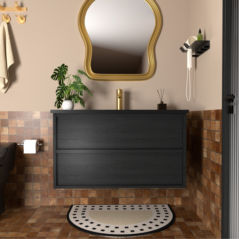 30 Inch Bathroom Vanity Cabinet With Ceramic Sink - Gray Wall Mounted Floating Fluted Vanity With Drawers, Modern