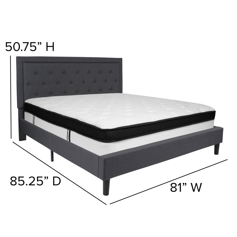 Aluino Panel Tufted Platform Bed and Memory Foam Pocket Spring Mattress, King, Dark Gray