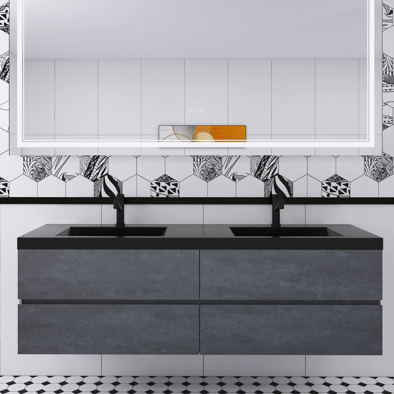 Armoire de salle de bain murale 72 po avec comptoir en quartz noir