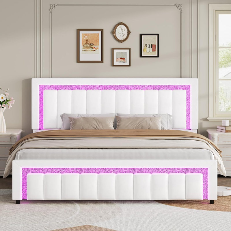 LED-lit and velvet-upholstered bed frame with a modern diamond headboard that is adjustable, White, King