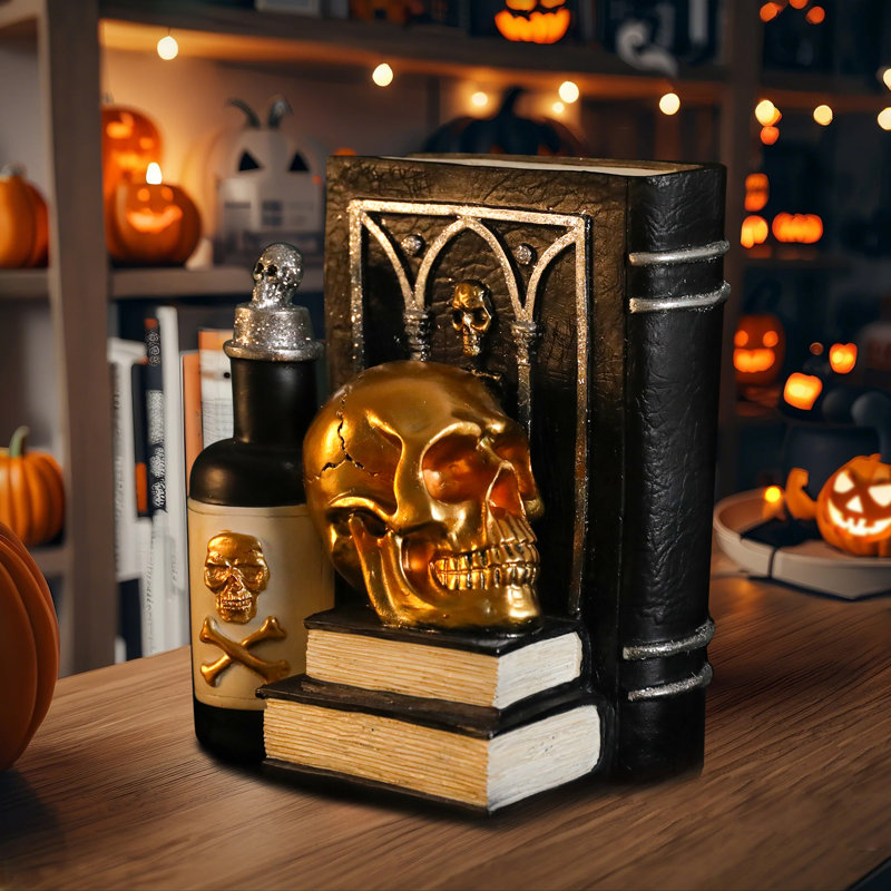 Décoration d'Halloween, crâne gothique et livre de sortilège: figurine en résine pour Halloween / bibliothèque, décoration de table