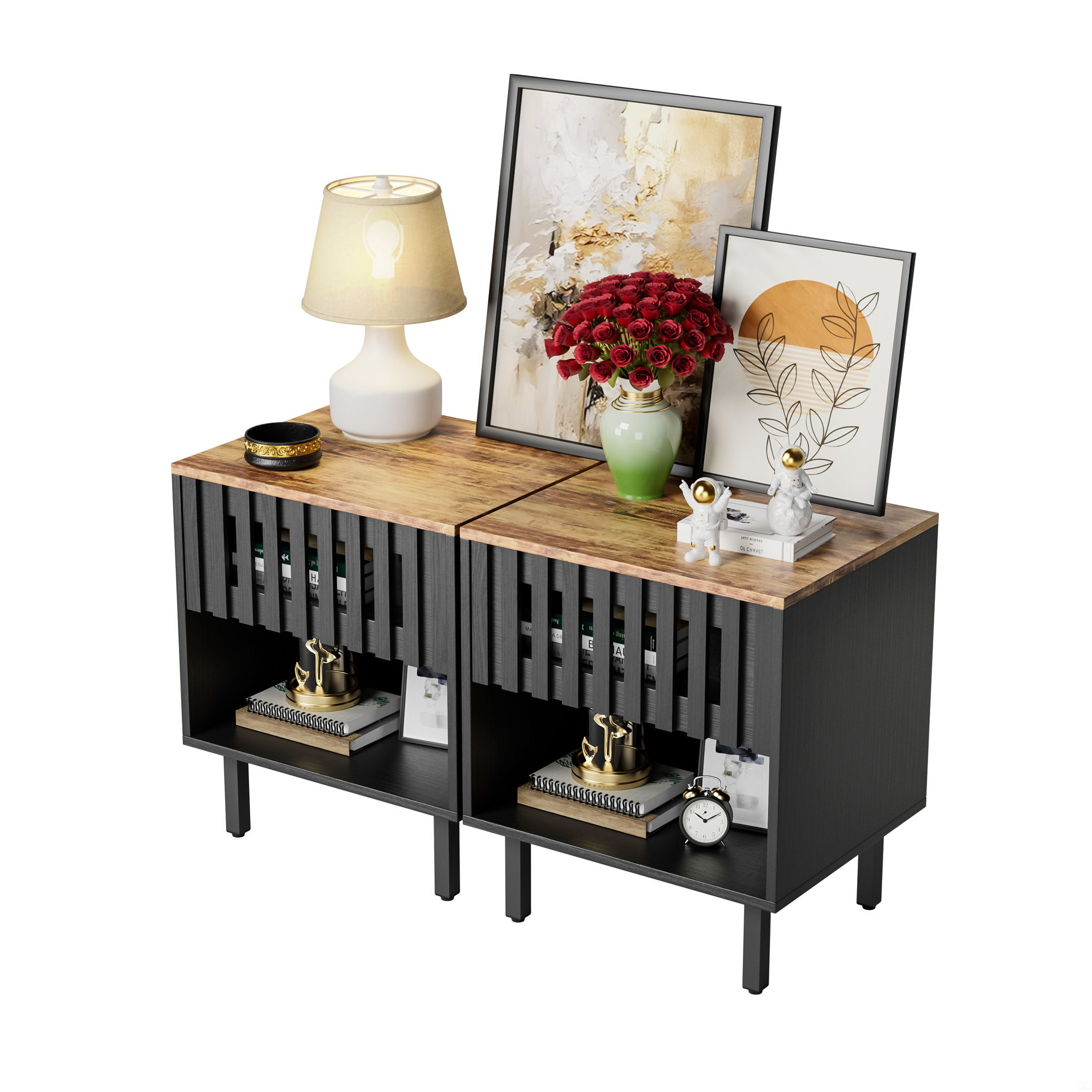 2 Set Nightstands with Grille Striped Doors, Mid Century Modern Bedside Table with Slatted Drawer Decor and Metal Legs, Night Stand for Bedroom
