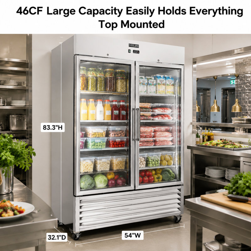 VITLIFE 54" W Commercial Reach-in Freezer with Double Glass Door , Auto-Defrost, 46 cu. ft. Bottom Mounted, Stainless Steel Upright Display Refrigerator for Restaurant, Bar, Shop, 33°F to 41°F