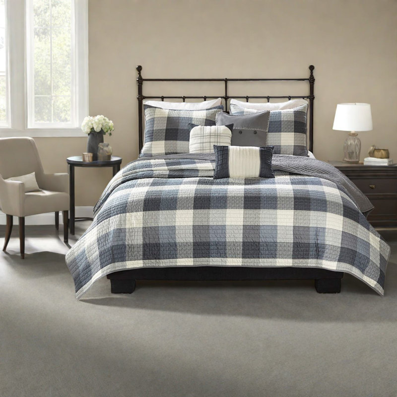 Ensemble de literie gris 6 pièces de style maison de campagne, courtepointe à chevrons en polyester pour le confort de la maison