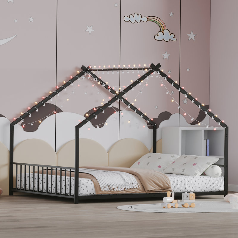 Structure de lit double sur le toit en fer noir avec éclairage à DEL, largeur de 55,9 po, hauteur de 58,4 po, limite de poids de 350 lb pour le fer à repasser, bandes, X 58,4 po, charge, assemblage rapide