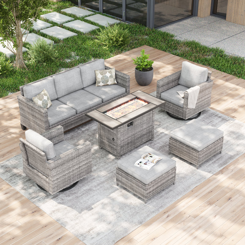 6-Pieces Patio Sofa Sets with 45'' Fire Pit Table, PE Rattan Wicker Swivel Rocking Chairs for Patio , Deck and Yard, Gray