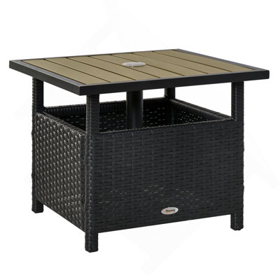 Table d'appoint 22 po en osier de rotin avec structure en acier, trou pour parasol, sac de sable pour l'extérieur, le patio, le jardin, la cour, noir et brun clair