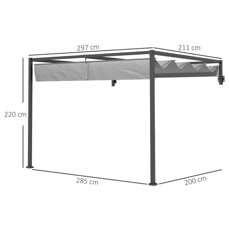 2 x 3m Wall-Mounted Lean-To Steel Pergola with Retractable Dark Grey Fabric Canopy and Drainage Holes