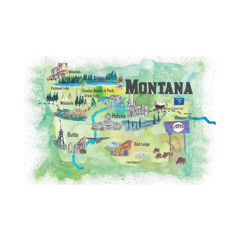 USA, Montana Illustrated Travel Poster 1 Piece Wrapped Canvas Wall Art, 101.6 cm H x 66.04 cm W x 1.91 cm D