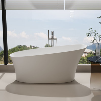 58.87 In. X 29.4 In. Solid Surface Freestanding Flatbottom Soaking Bathtub With Overflow In Matte White