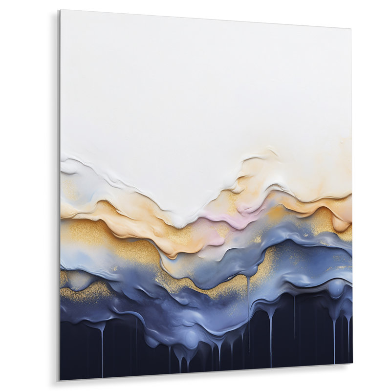 Encre liquide bleue et jaune Waterfall I - encre liquide, art mural abstrait en métal, H 40 po x l 30 po x P 1,5 po