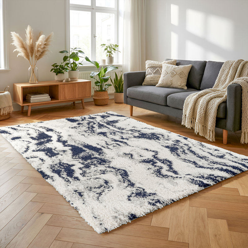 Tapis moderne à poils longs abstraits Nova ivoire et bleu, lavable, Ivoire/bleu, 8 pi 10 po x 11 pi 11 po