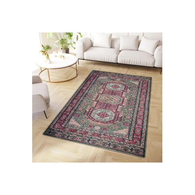 Machine Washable  Green Pink Themed Traditional Pattern Patterned Vintage Decorative Rug