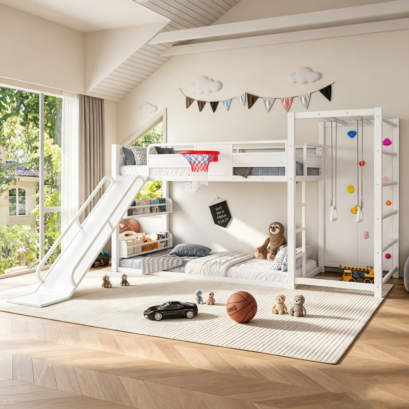 Metal Loft Bunk Bed With Basketball Hoop, Pull-Up Rings, Climbing Wall, And Bookshelves For Fun And Learning, Twin, White