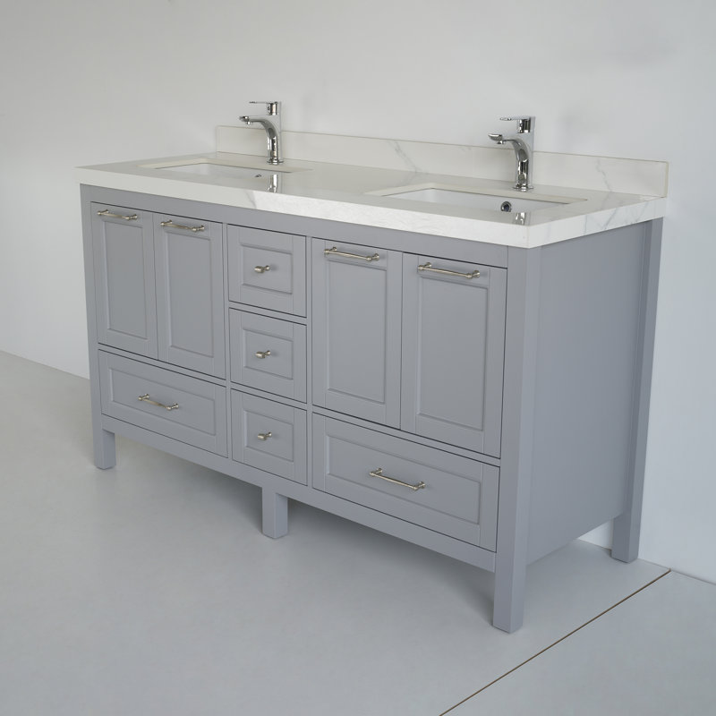 Meuble-lavabo double 60 po avec plateau en céramique Selena, gris