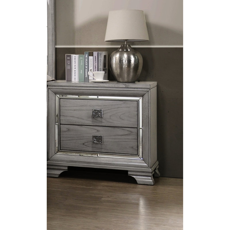 Table de chevet en bois massif gris avec 2 tiroirs de rangement et 2 miroirs glamour - Precious