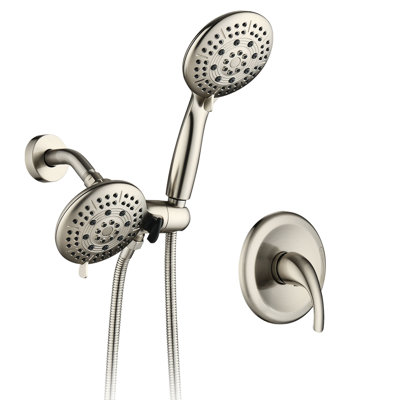 Douche murale en laiton avec douche à main - 6 options de jet, réglage facile de la température, nickel brossé, motifs de têtes de pluie corrosives et nickel de contrôle