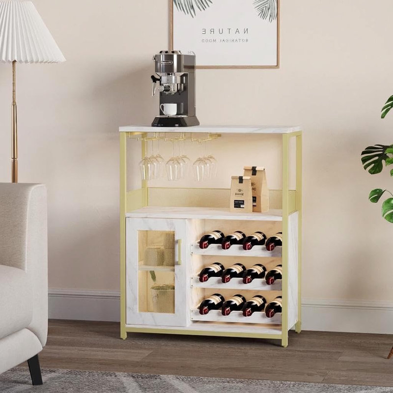 Armoire à vin à 3 niveaux avec support à vin amovible et espace de rangement, armoire à buffet avec porte-verre et porte grillagée, pour la cuisine, le salon et le bar