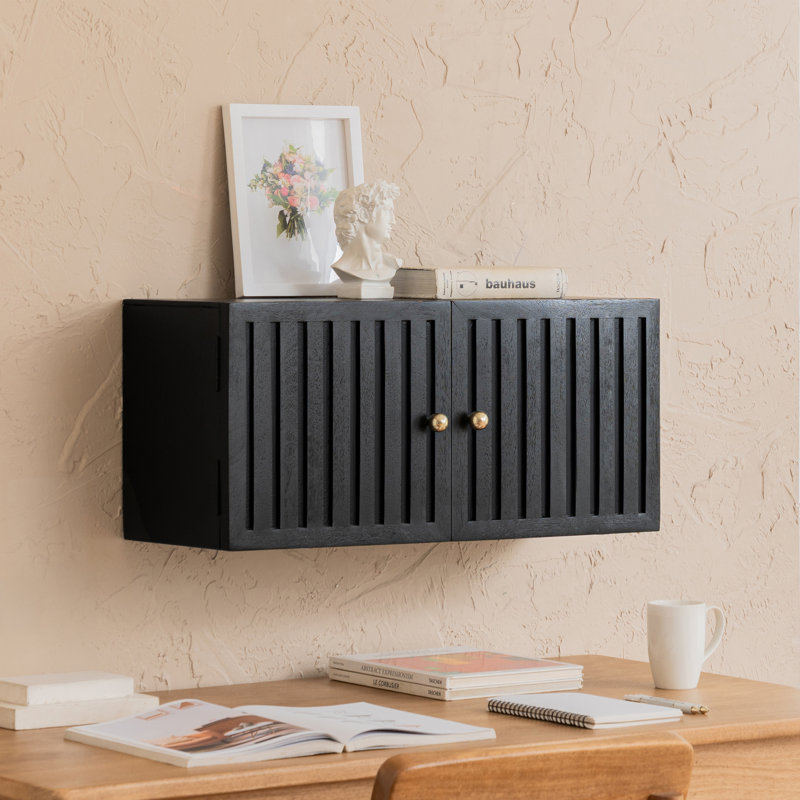 Tablette de rangement flottante murale en bois massif Ficklin avec 2 portes d'armoire, Noir