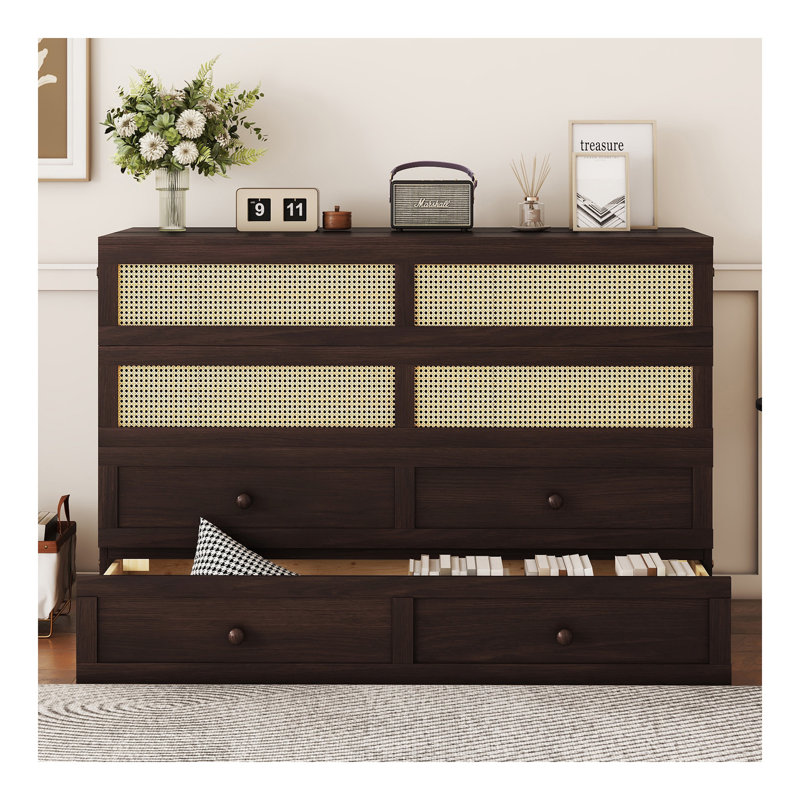Grand lit escamotable, armoire en bois de pin avec décoration en rotin et tiroir de rangement
