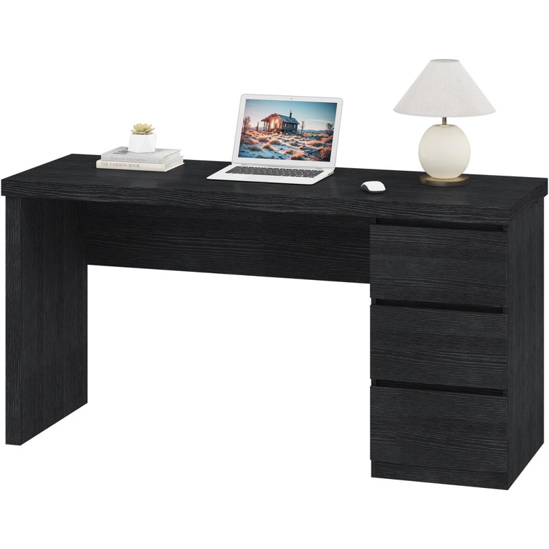 Bureau d'ordinateur avec tiroirs, bureau de travail en bois, bureau d'ordinateur personnel, Noir, noir, noir, noir