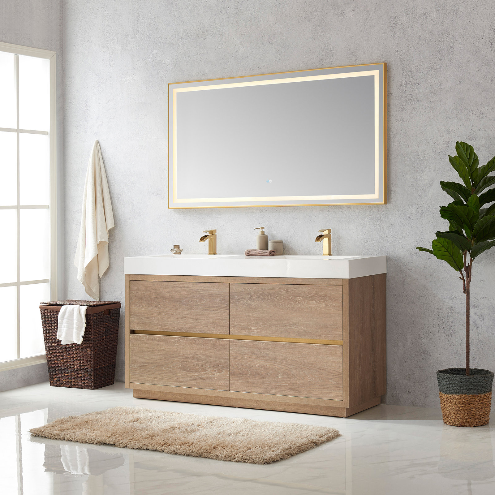 Beira 59.8'' Double Bathroom Vanity, North American Oak, White