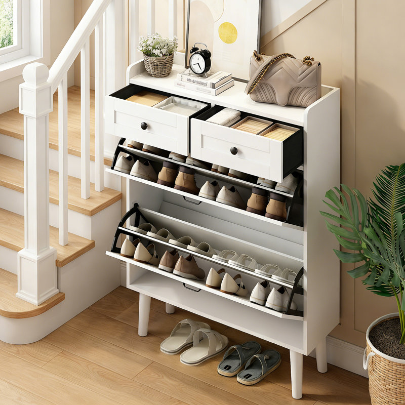 Flip-Down Shoe Cabinet with Solid Back Panel – Slim Entryway Organizer, 2 Drawers, Storage Shelf, Holds 16+ Pairs, White