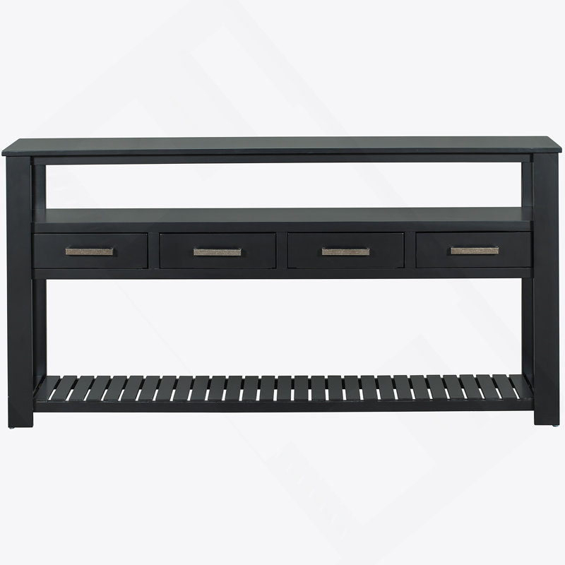 Élégante console moderne avec quatre tiroirs et deux tablettes pour le salon, le vestibule et le couloir, Noir