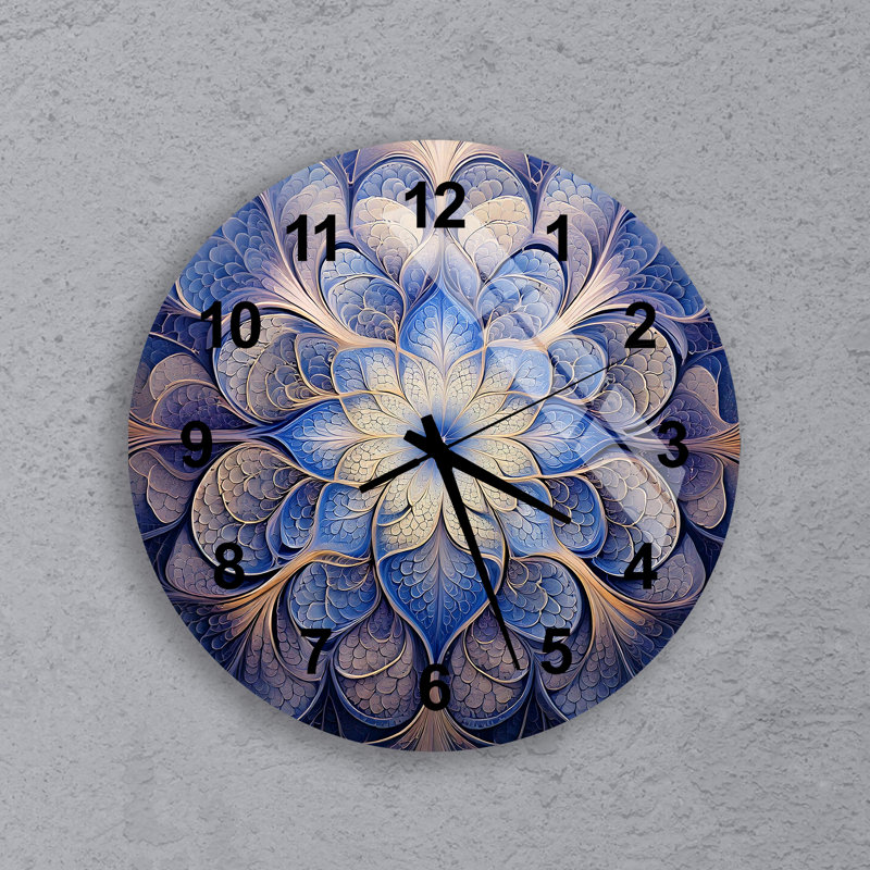 Bohemian Floral Mandala Tempered Glass Wall Clock, Silent Ticking, 10", Black
