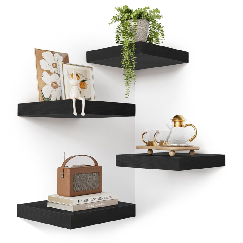 4 Piece Square Floating Shelf, Black