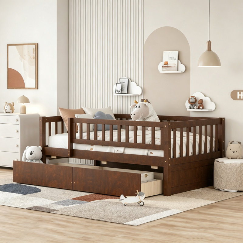 Lit de jour simple avec tiroirs de rangement spacieux et fabrication en bois massif, Lit simple, Noyer