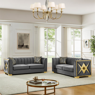 81.1 Inches Velvet Button Tufted Sofa Couch With 2 Pillows, 3 Seater Luxury Chesterfield Sofa Set With Gold Stainless Steel Accents For Living Room, Velvet