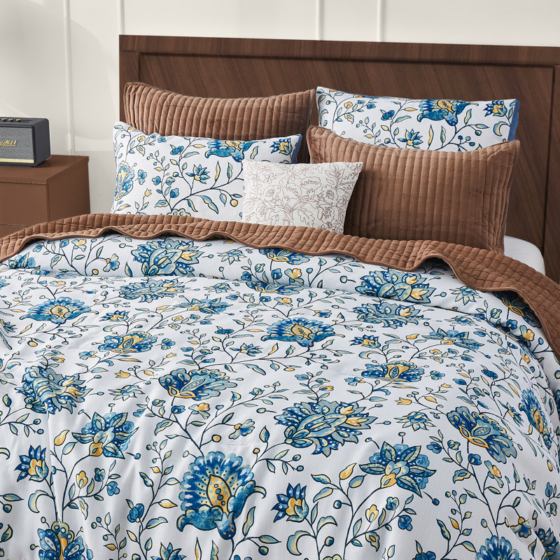 King Size Blue Floral Reversible Comforter Set