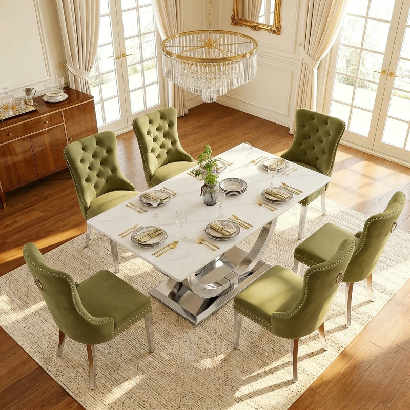 Ensemble de table de salle à manger rectangulaire 69 "pour 6 personnes, ensemble de 6 tables en faux marbre avec 6 chaises rembourrées en velours, pour la salle à manger, la cuisine