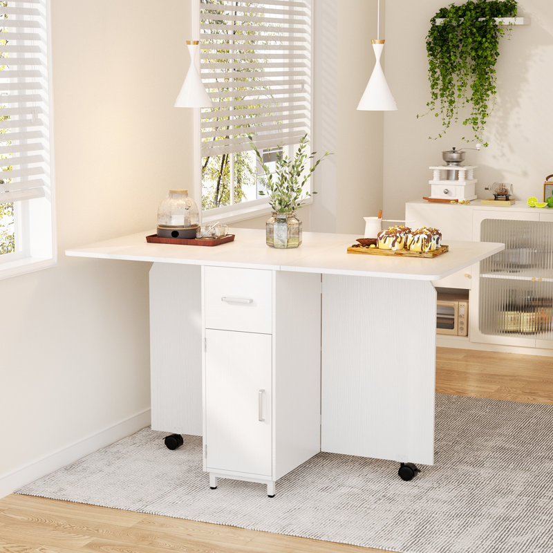Folding Dining Table with Drawers and Cabinets, White
