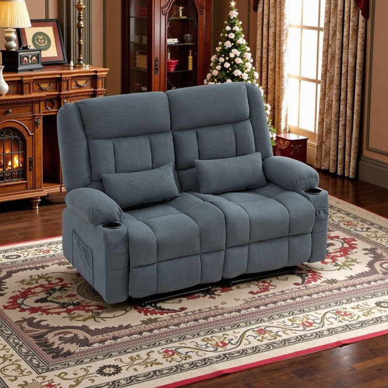 Manual Reclining Loveseat With Cup Holders And Side Pocket, Premium Fabric Upholstery, Blue