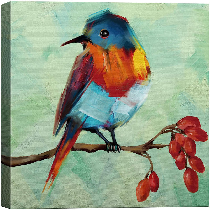 Oiseaux animaux mignons Coraciiformes bleu orange perchés sur une branche de cerisier sur fond vert sur toile