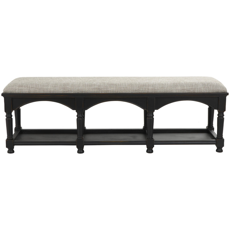 FBlack Wooden Arched Storage Home Bench with Traditional Turned Legs and Beige Cushion, 59" x 16" x 19"