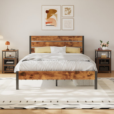 3 Piece Farmhouse Industrial Bedroom Set, Wood Platform Bed & 2 Nightstands, Full Size Bed Frame with Headboard & Footboard, Nightstand with Drawers & Open Shelf Storage, No Box Spring Needed