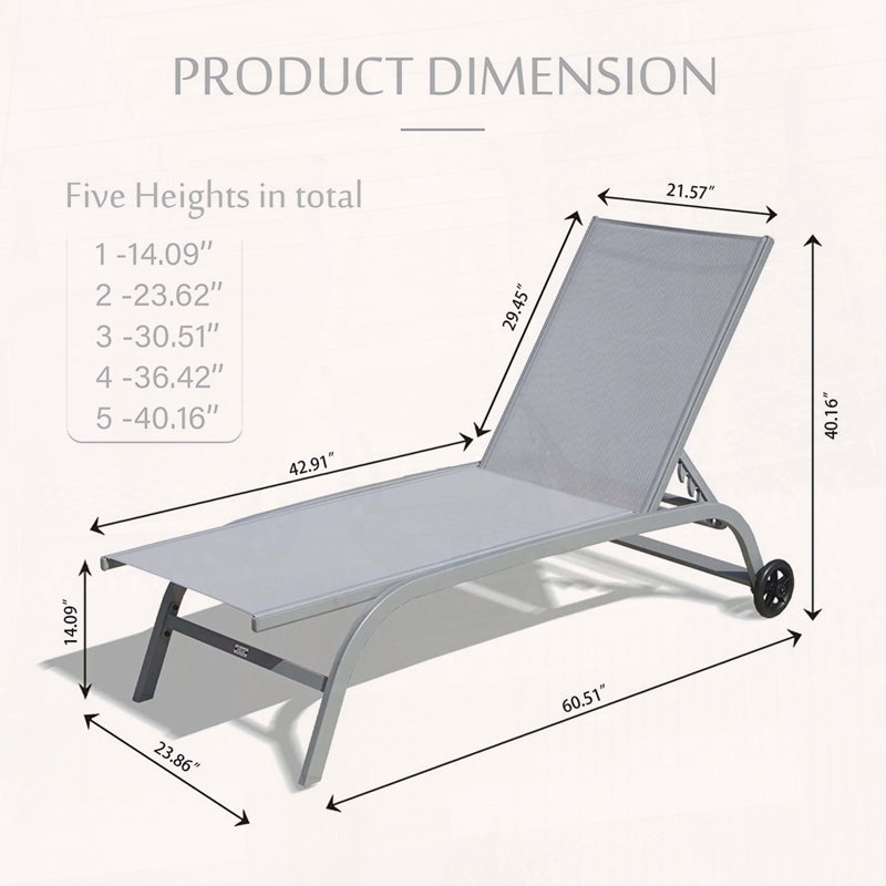 Chaise Lounge Outdoor Set of 2 with Wheels and Adjustable Positions, Gray