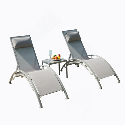 Adjustable Aluminum Pool Lounge Chairs Set With Metal Side Table, For Outdoor Relaxation And Durability