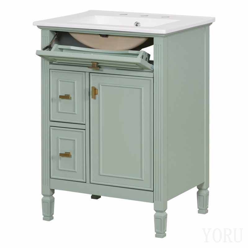 Meuble-lavabo de 24 pouces avec lavabo, armoire en bois massif et panneau de fibres à densité moyenne avec un tiroir rabattable, deux tiroirs standard et une tablette réglable, meuble-lavabo vert autoportant pour le rangement de la salle de bain