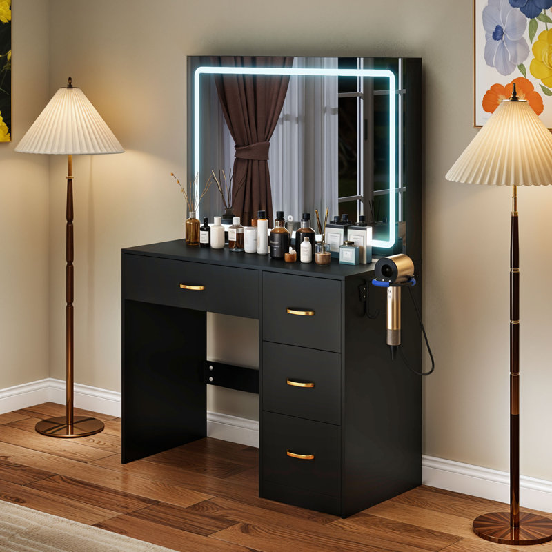 Dajanea Dressing Table with Mirror，Makeup Vanity Table Set for Bedroom, Black