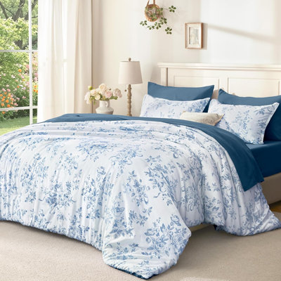 Floral Comforter Set Full Size, 7 Pieces Blue Flower Lightweight Bedding Set For All Seasons, Soft Vintage Bed In A Bag With Comforter, Sheets, Pillowcases & Shams