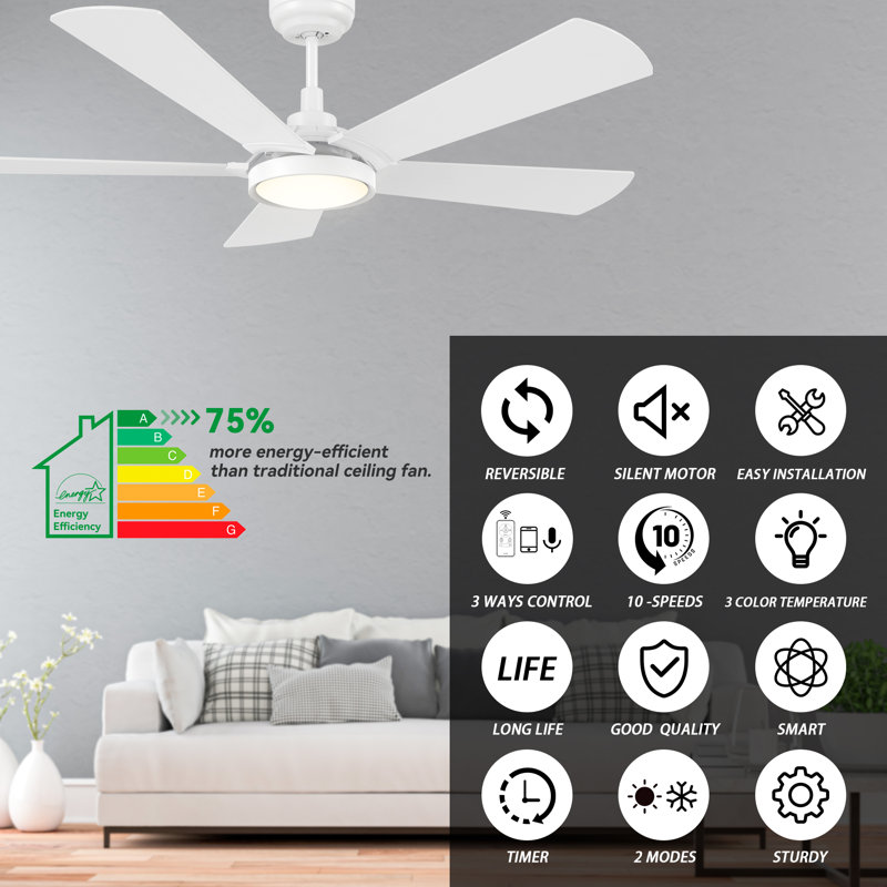 Wilkes 52'' White Manufactured Wood Smart Ceiling Fan with Glass Shade